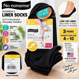 No nonsense Womens Liner Socks 3 Pair Black No Show Smart Temp Size 4-10